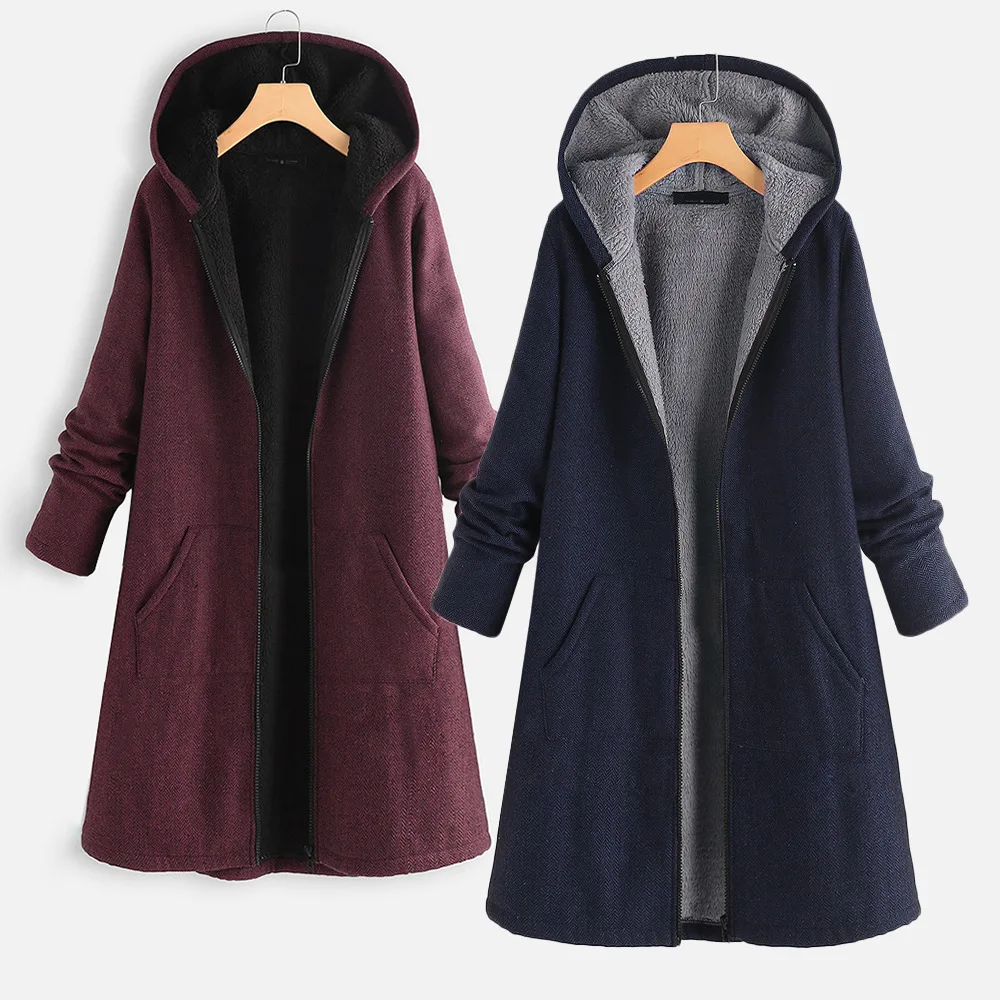 Ladies Long Jacket Coat Autumn Winter Cotton Female Women Warm Thick Long Sleeve Hooded Coat Overcoat Plush Outwear Hoodies