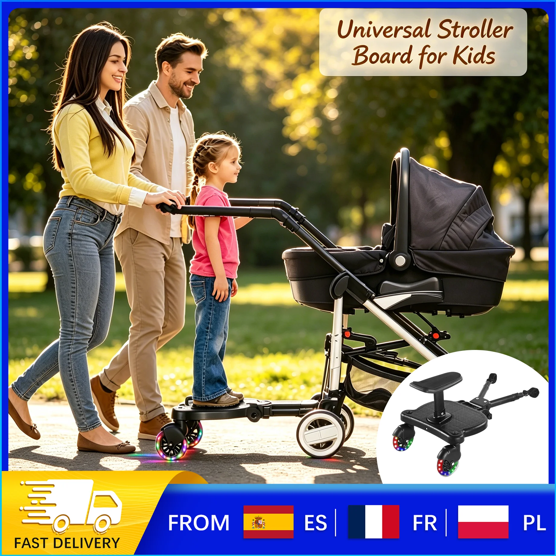 Planche à roulettes universelle avec siège, planche à roulettes réglable pour poussette pour tout-petits, siège détachable, mode double position (debout ou assis), 360° °   Roues Clignotantes, Pédale Antidérapante pour Poussette