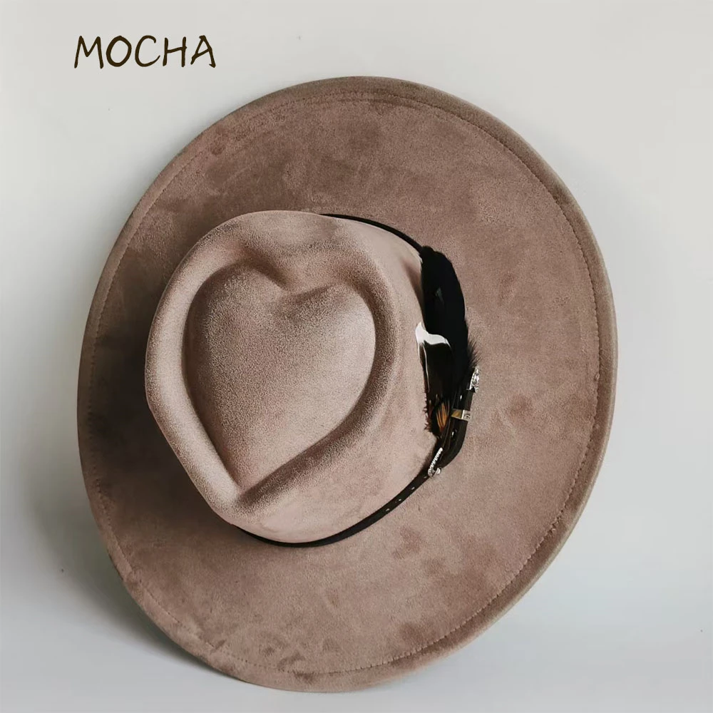 2026 sombrero fedora de gamuza vegana con forma de corazón, sombrero de gamuza con corona de corazón para regalo de mujer, sombrero de copa de amor, sombrero de iglesia, sombrero para hombre