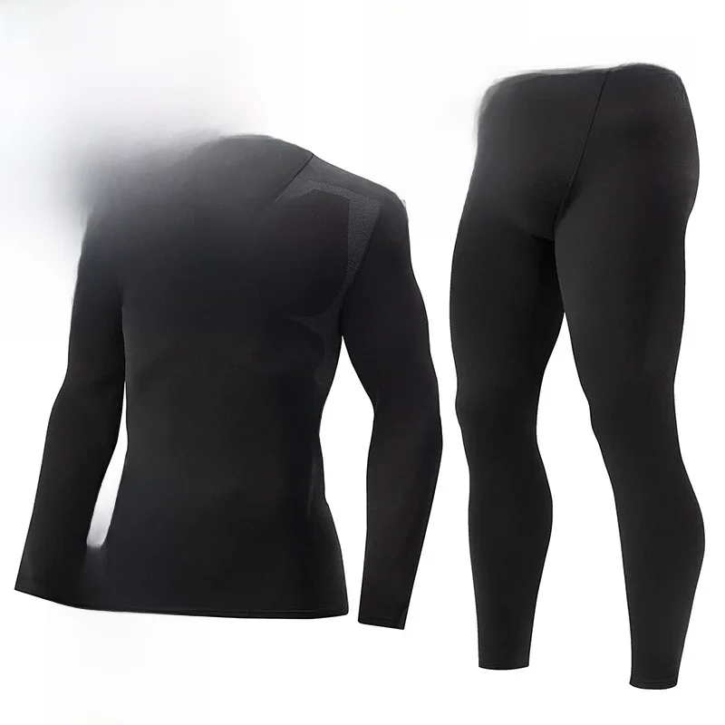 2/4 szt. Jesienno-zimowy męski czarny zestaw bielizny z długim rękawem i spodniami Młodzieżowa koszulka sportowa do biegania Casual Stretch Pants — zdjęcie 2