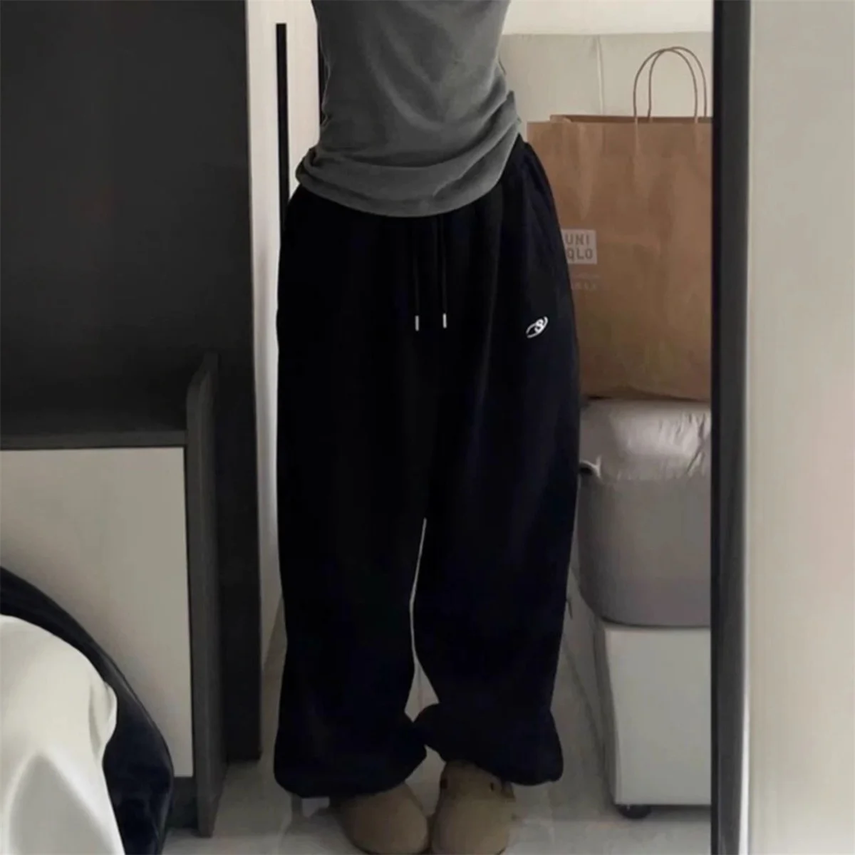 American Retro Hip-Hop Oversized Woman Black Casual Sweatpants Korean Streetwear Loose Jogging Pants High Waist Wide-Leg Pants