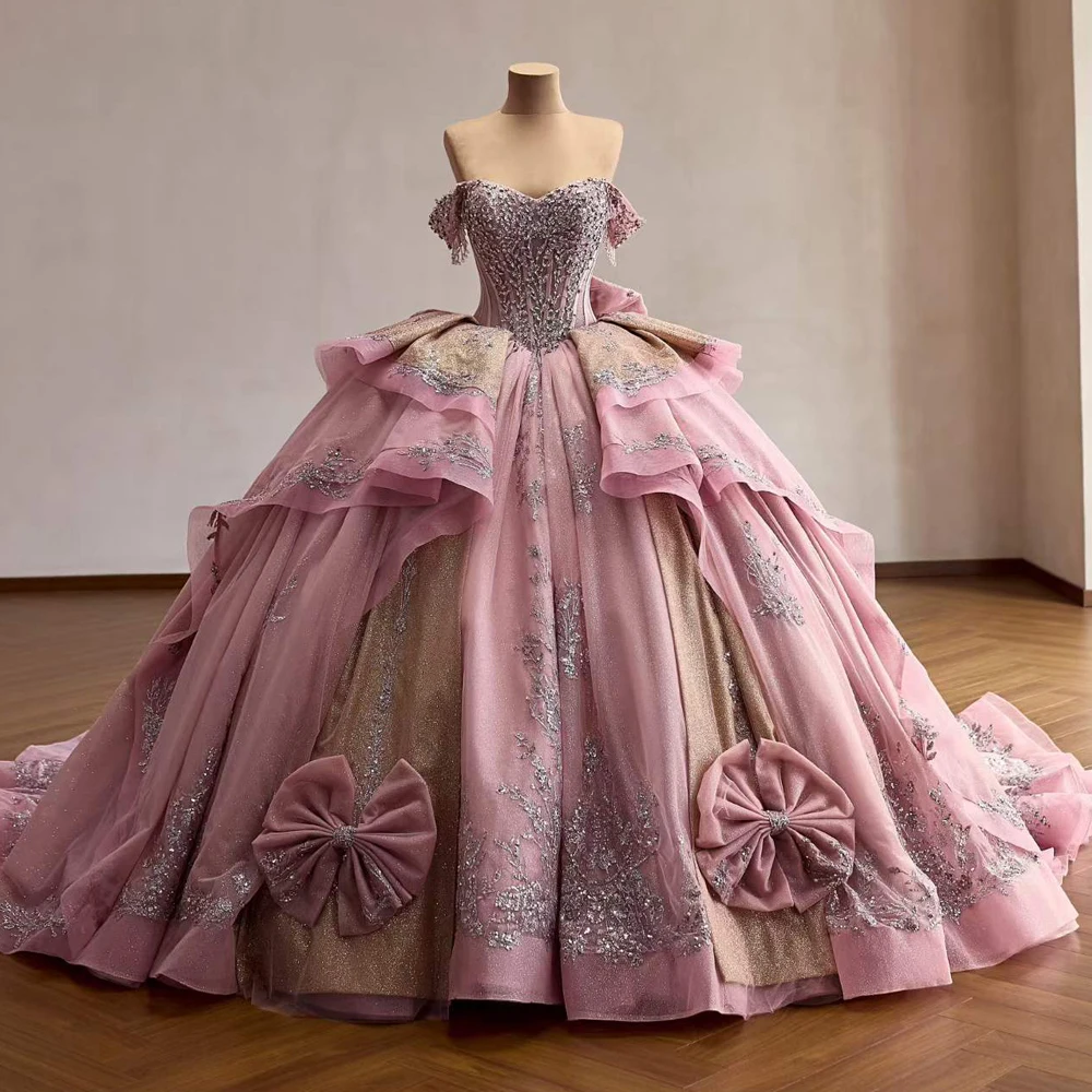 Dusty Pink Quinceañera Dress Crystal Sweetheart Off The Shoulder Lace Up Back Bow Evening Dress
