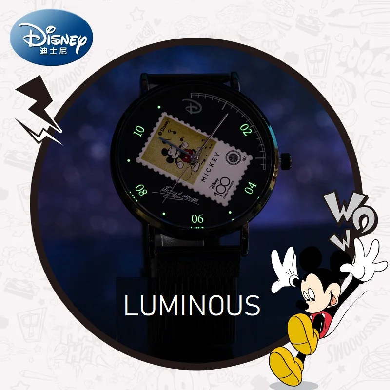 Disney Mickey Mouse Mens Casual Quartz Wristwatch 100th Anniversary Cartoon Stamp Date Display Waterproof Noctilucent Boy Clock