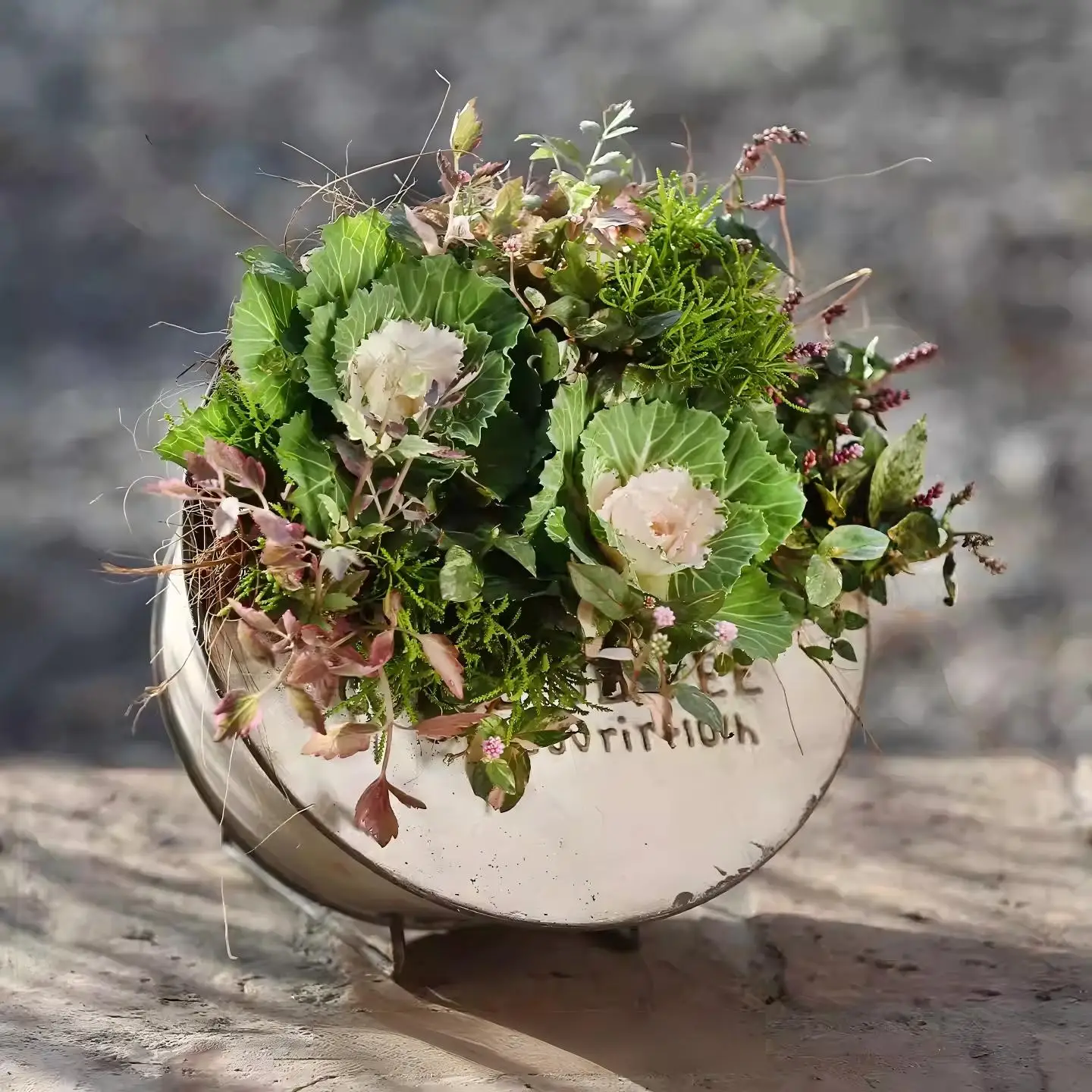 Vintage Half Round Metal Planter With Stand, Rustic Farmhouse Flower Pot, Semi Circle Garden Arrangement Planter