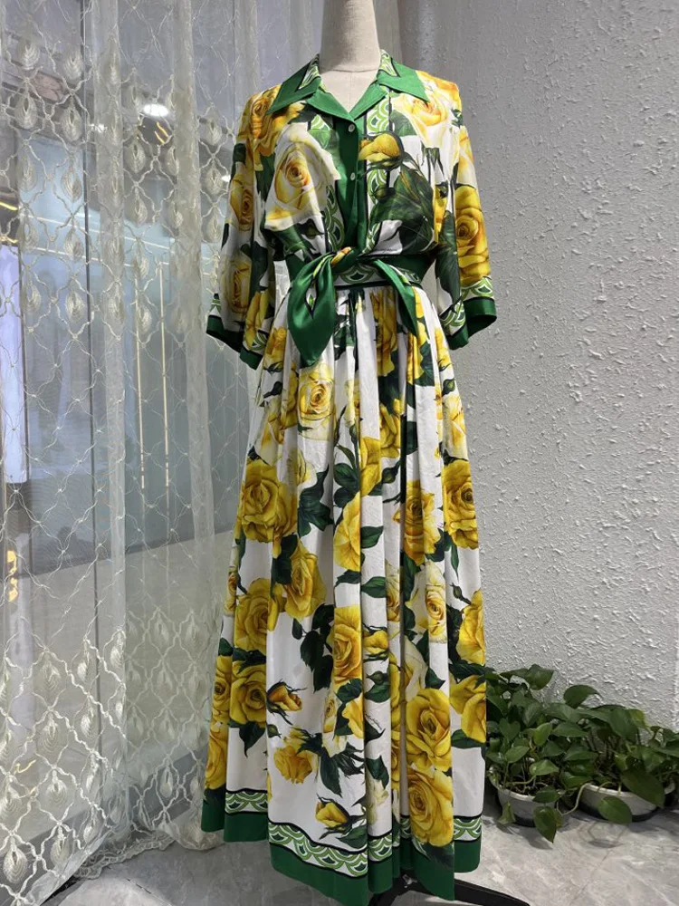 Luxury Designer Women Summer 2 Piece Beach Vacation Outfit Casual Yellow Rose Print Cropped Silk Shirt And Cotton Maxi Skirt Set