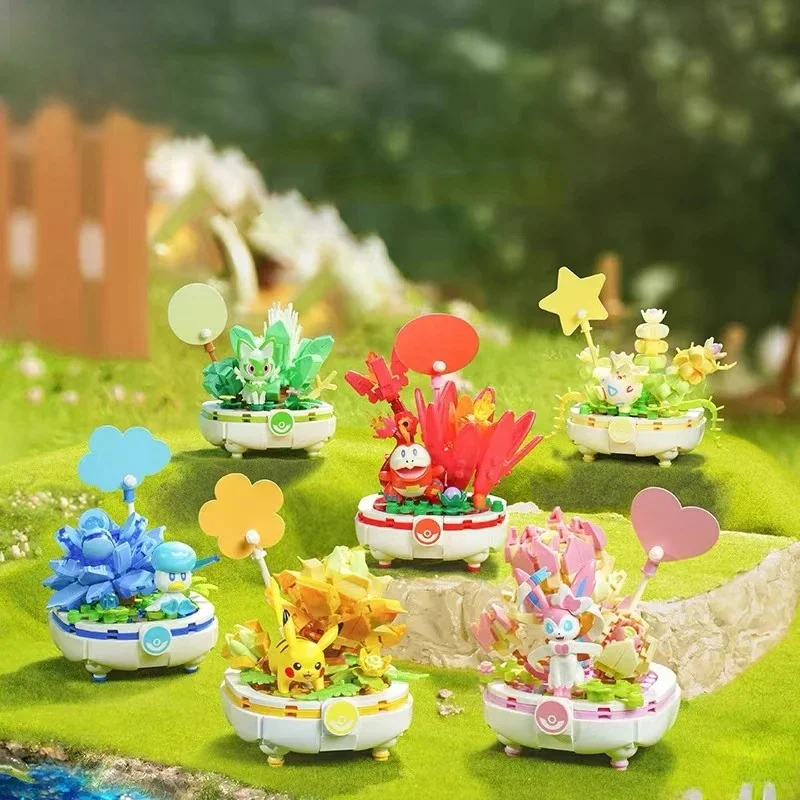 Keeppley – bloc de construction Pokemon Original, nouveau modèle Pikachu Charmander, plante en pot, fleur, brique, décoration, jouet pour enfant, cadeaux pour filles