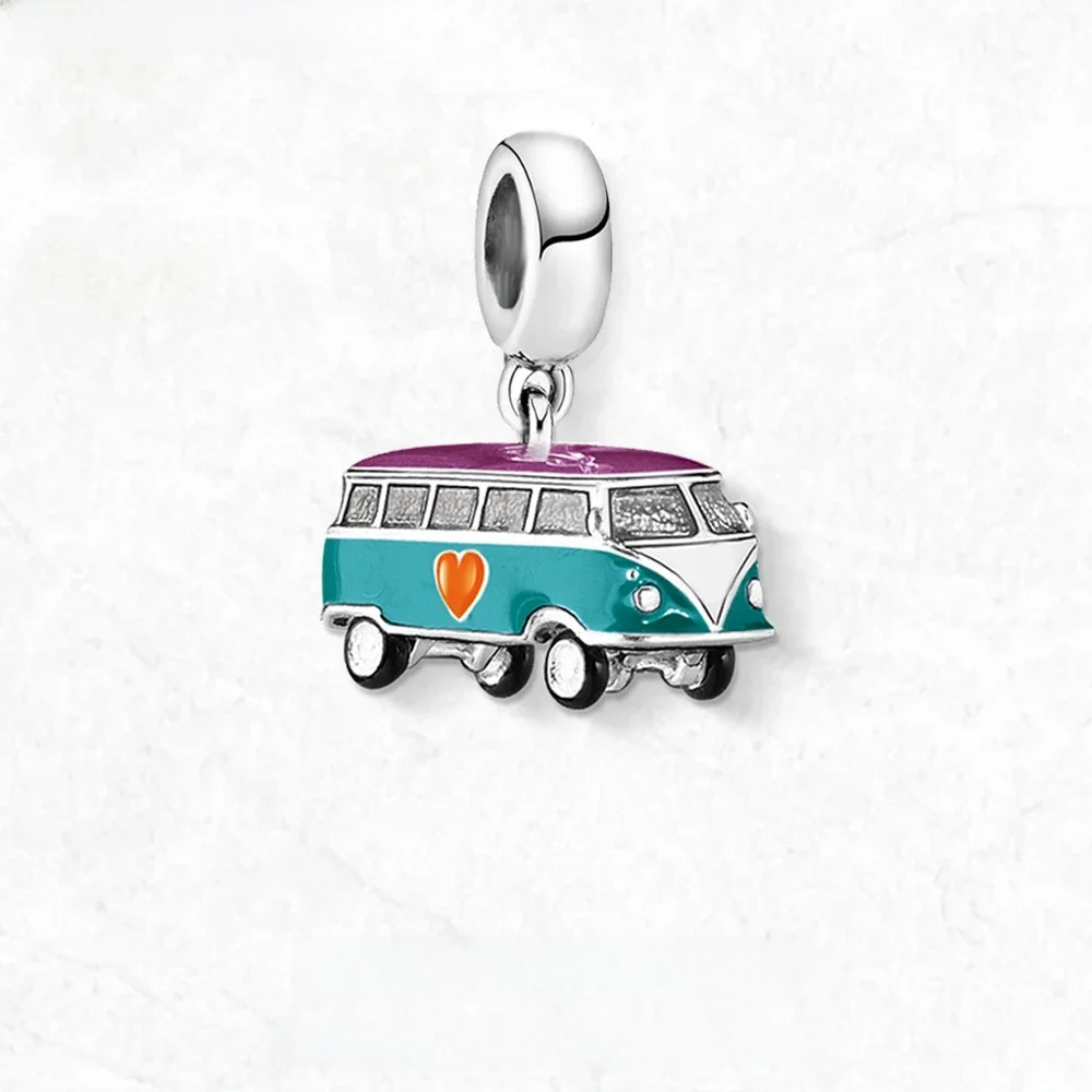Szczęście Szczęście Niebieska emalia Miłość Autobus Wisiorek 925 Sterling Silver Tone Oil Drop DIY Bransoletka Pływające Charms — zdjęcie 2