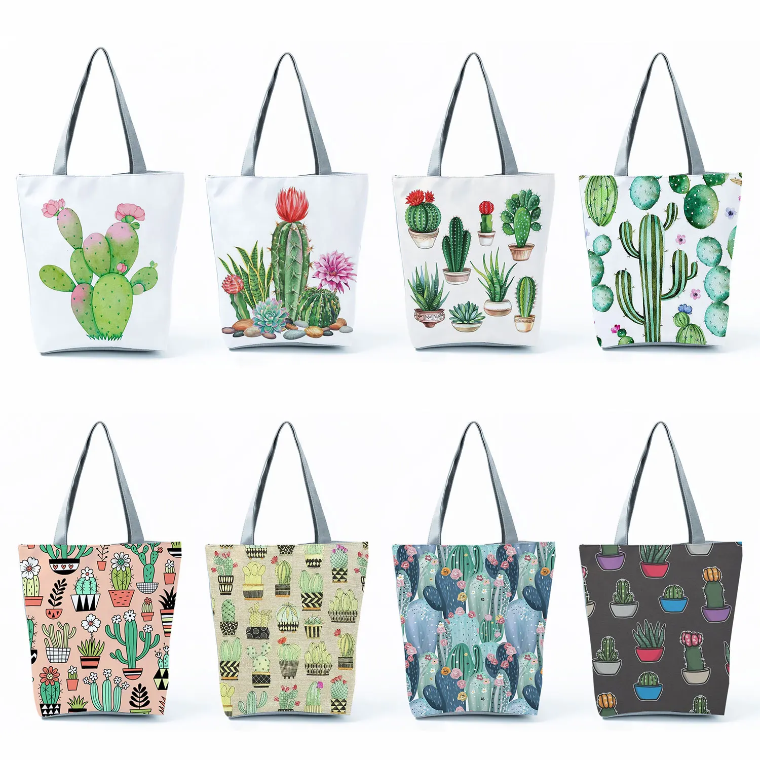 Summer High Capacity Portable Shopping Bag Foldable Travel Beach Shoulder Bag Floral Print Handbags Cactus Tote Bags For Women