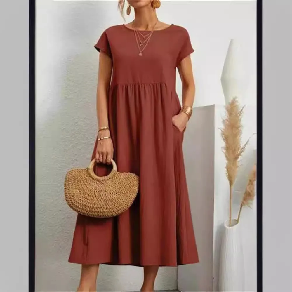 Summer Solid Maxi Dress Women Elegant Cotton Linen Short Sleeve O Neck Pockets Loose Sundress Female Harajuku Loose Long Dress