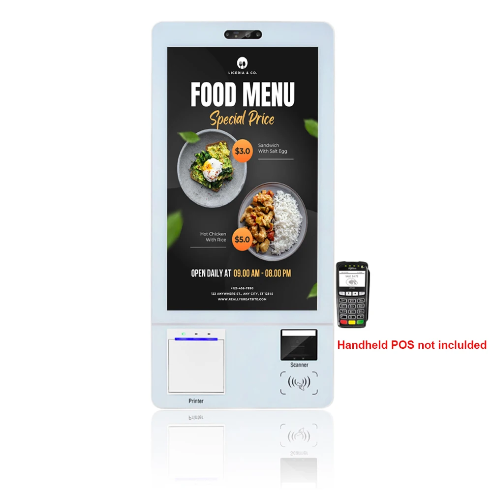 21.5", 24" Self ordering kiosk for restaurants Android or Windows OSD, touch screen, 80mm printer, scanner, Handheld POS holder