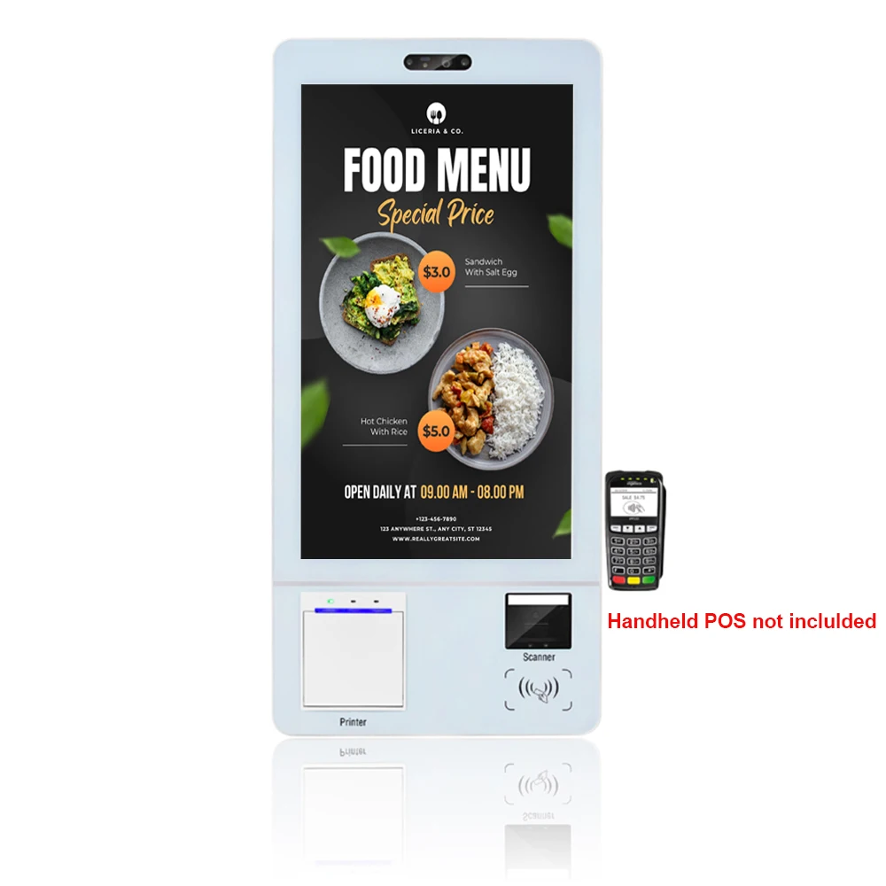 Kiosque auto-commande 21,5", 24" pour restaurants Android ou Windows OSD, écran tactile, imprimante 80 mm, scanner, support POS portable