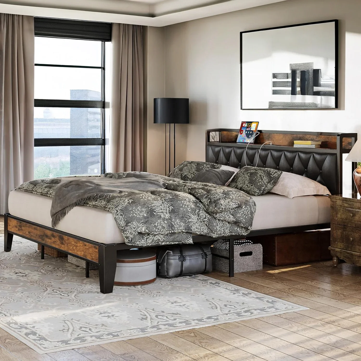 ANCTOR Bed Frames, Twin Queen CaliforniaKing Size Storage Headboard Outlets Easy Install Sturdy Stable, No Noise No Box Springs image 4