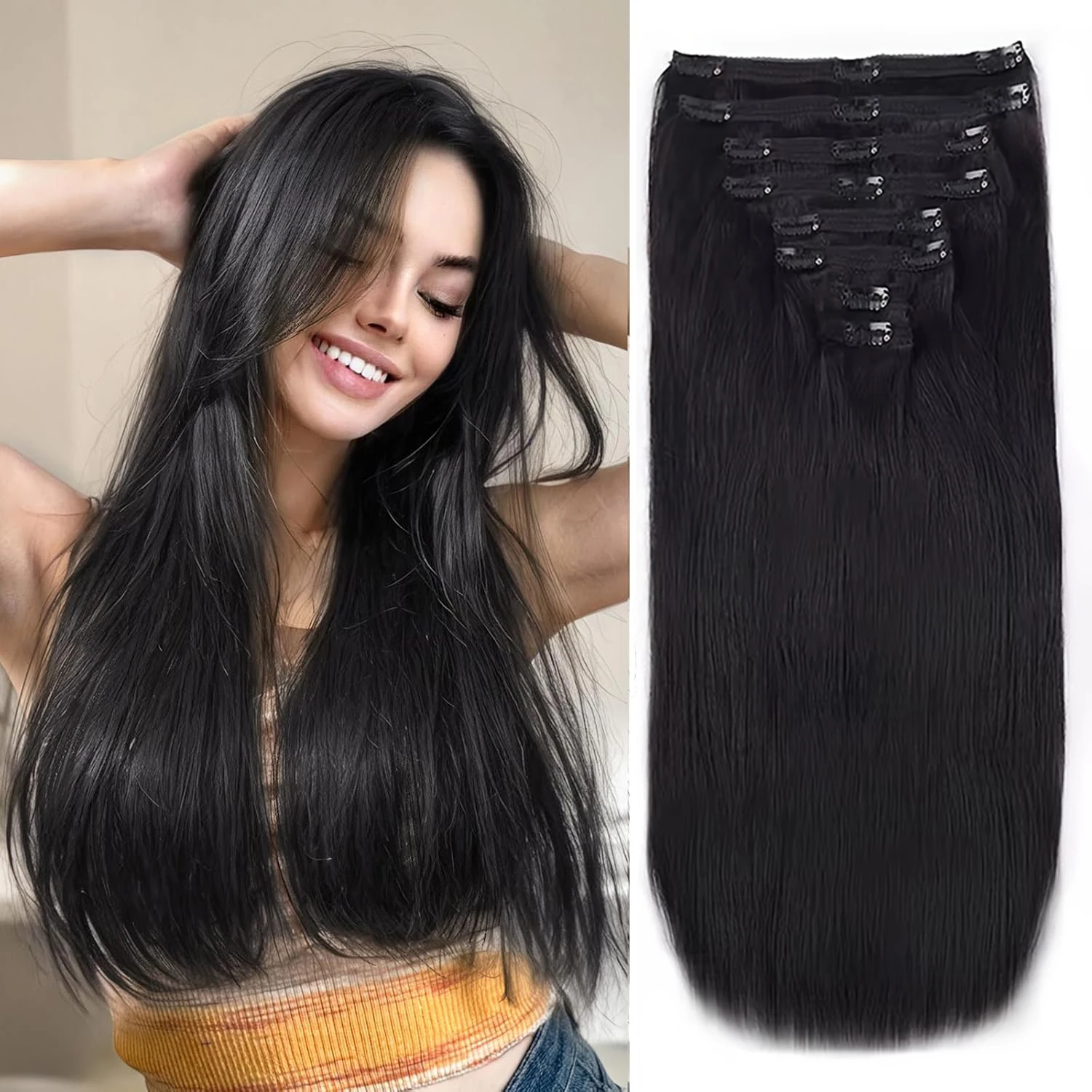 Straight Clip in Hair Extensions Brazilian Real Human Hair Clip ins Hair Extensions 8pcs with 18Clips Clip on Hair Extensions 1B