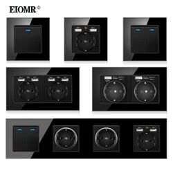 EIOMR EU Standard 16A Tempered Crystal Glass Panel Wall Socket with Usb 5V 2.1A AC 110-250V Black Triple Quadruple Power Outlet