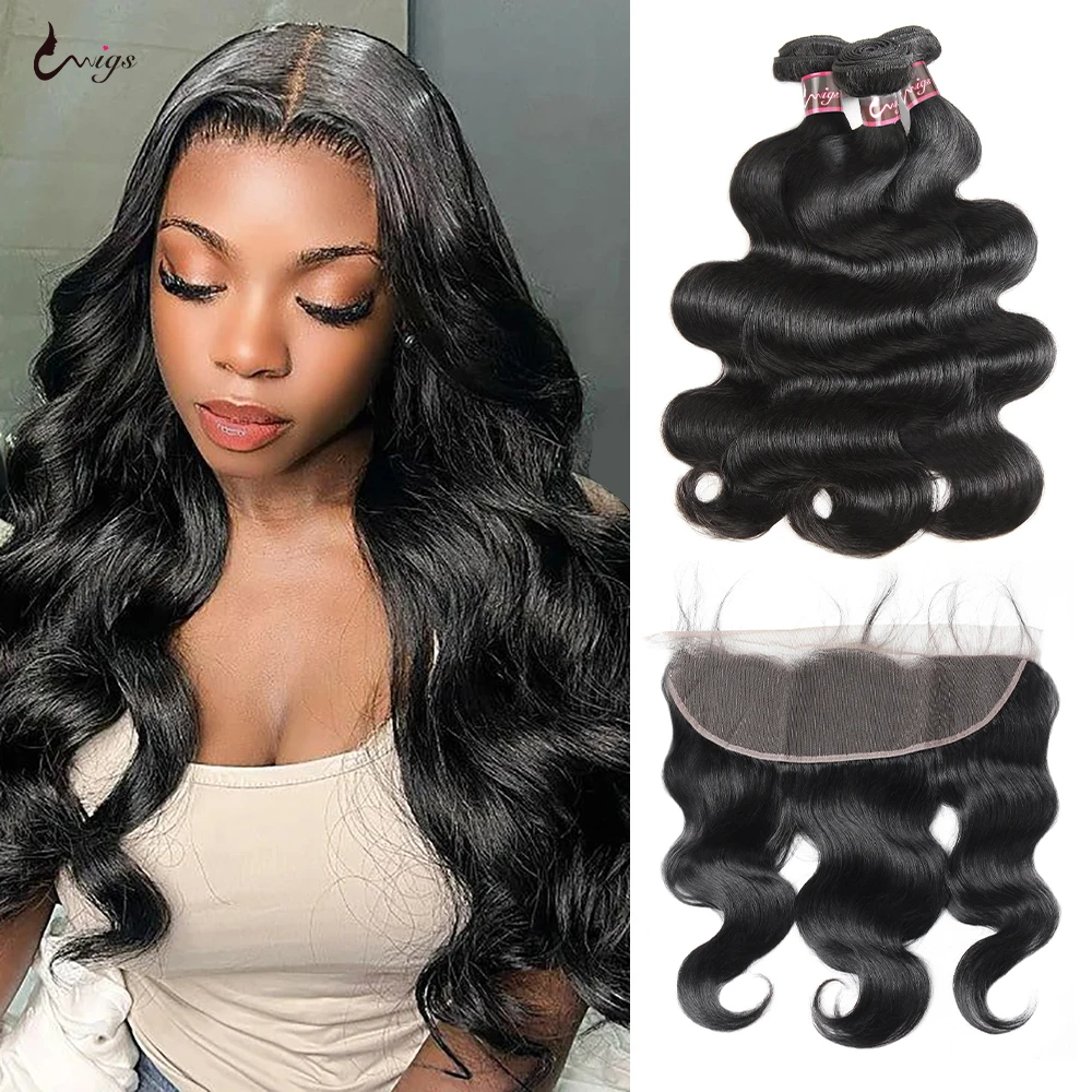 Uwigs 13x6 Lace Frontal With Bundles Body Wave Bundles With Frontal 100% Human Hair Extensions Human Hair Transparent Lace Front