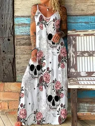 Halloween New Skull Pumpkin Print Sexy Fashion Suspender V-Neck Dress Holiday Party Party Sleeveless Dinner Long Evening Dress