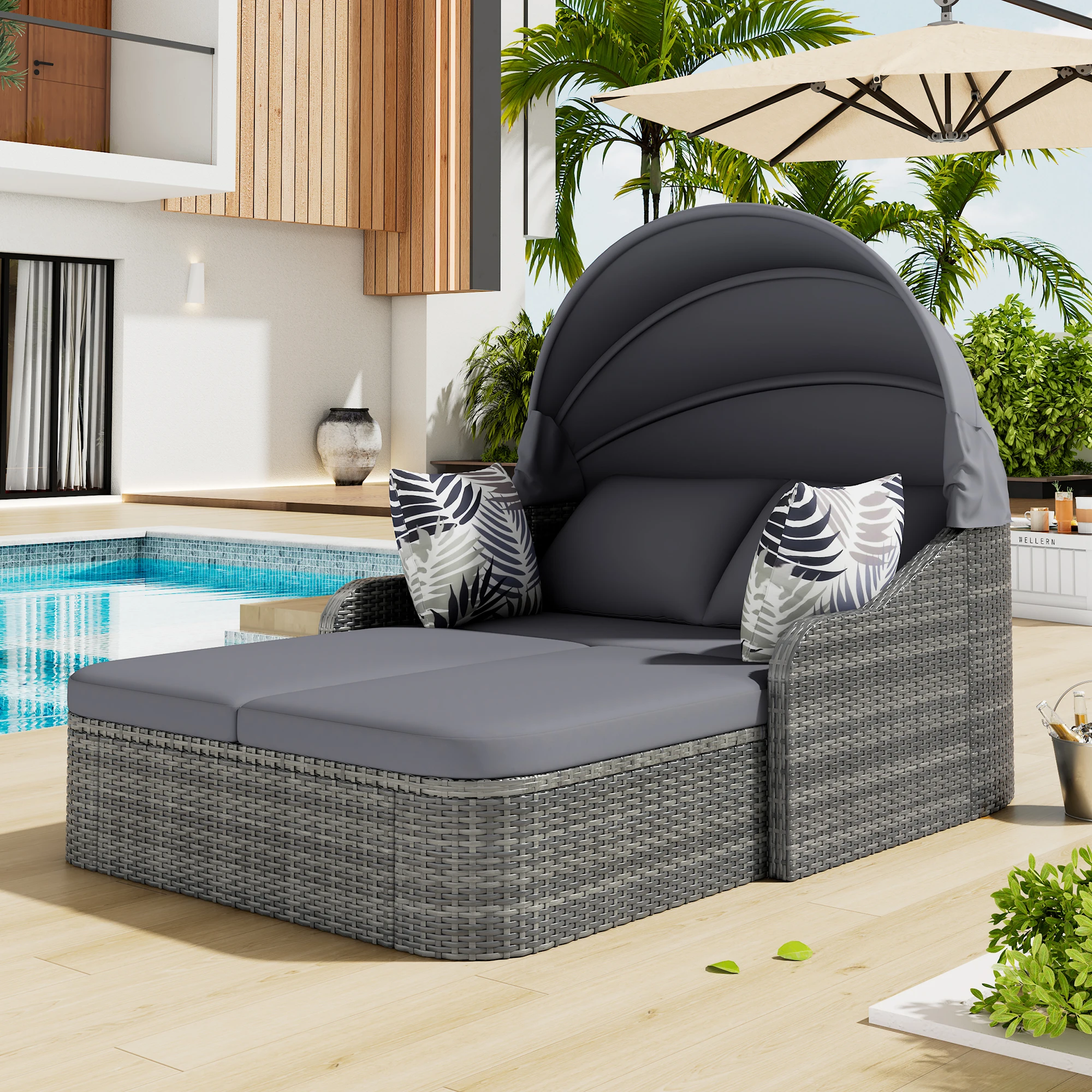 Merax Sonneninsel, Gartenlounge Set, PE-Rattan mit verstellbarem Baldachin,