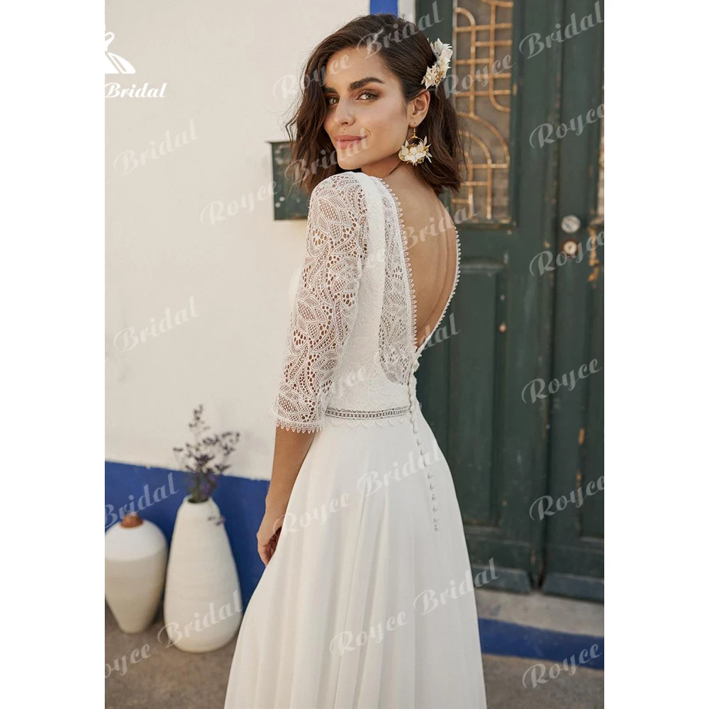 Boho O boyun üç çeyrek seksi aç geri düğmesi dantel üst şifon A Line düğün elbisesi kadınlar için gelin kıyafeti vestidos de vestidos