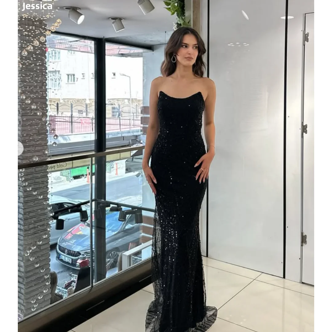 

Роскошные вечерние платья с блестками и бусинами Джессики, черные тюлевые платья для выпускного вечера, сексуальный корсет с открытыми плечами для женщин, вечерние платья по индивидуальному заказу