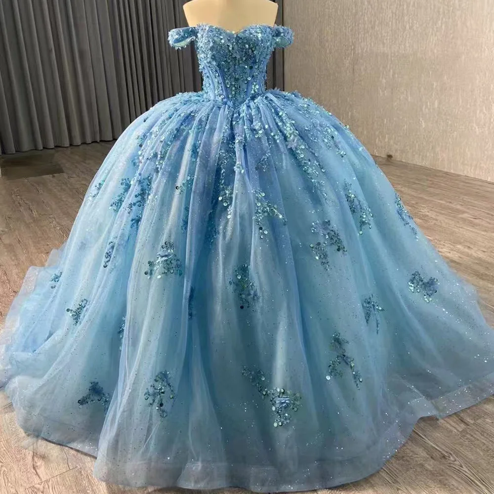 

Vestidos De 15, синее роскошное длинное платье с открытыми плечами и аппликацией в форме сердца на шнуровке сзади для особых случаев
