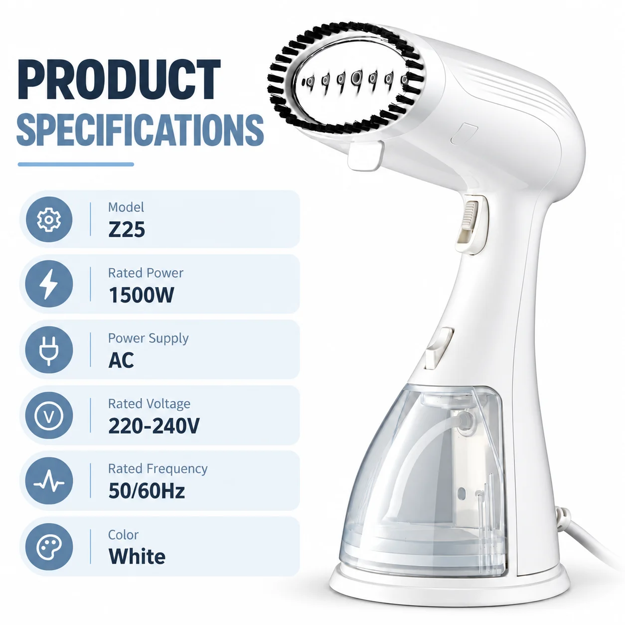 1500W Handheld Garment Steamer – Powerful Portable Clothes Iron with Brush Head – Fast Heat-Up Wrinkle Remover for Home & Travel – Transparent Water Tank (White)