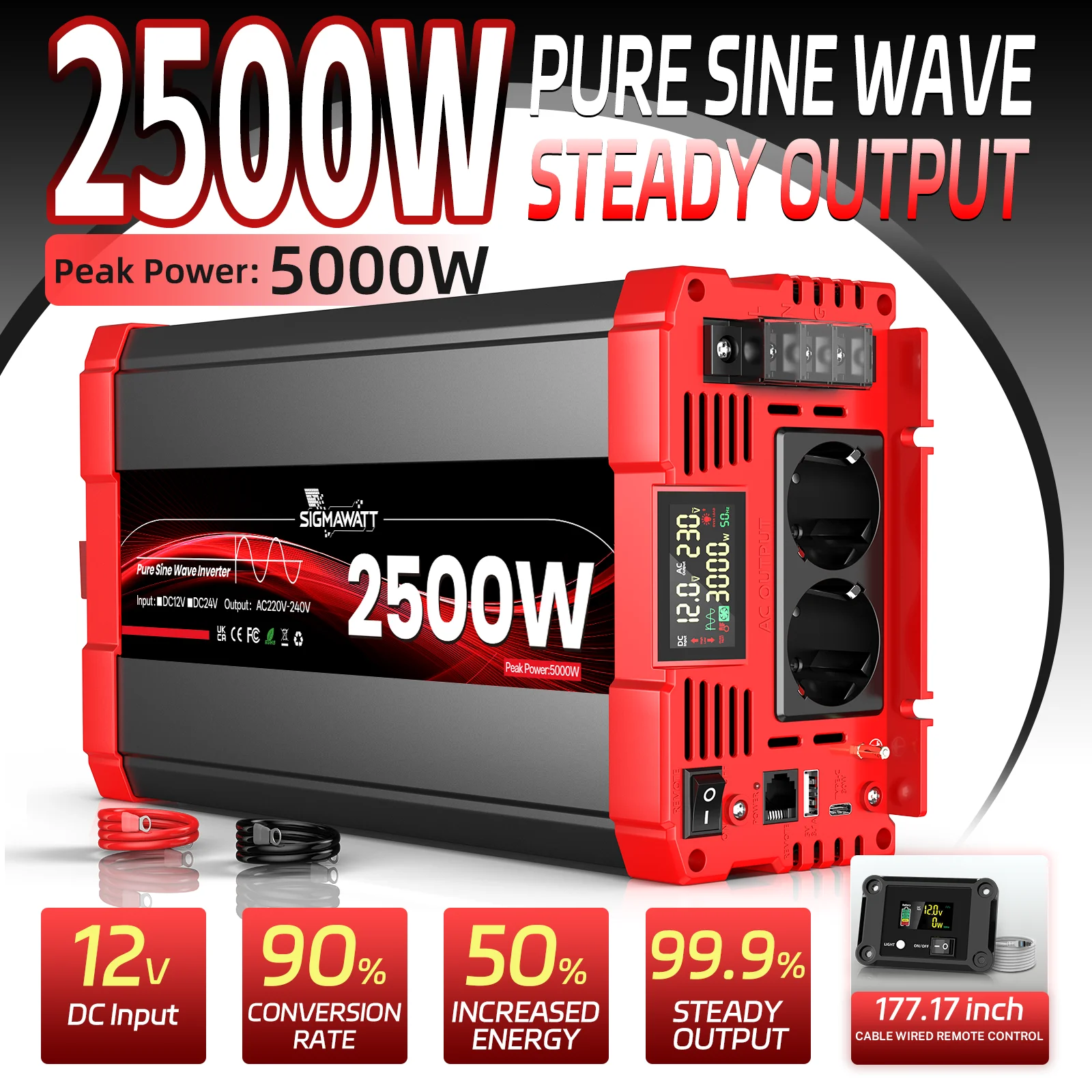 Reiner Sinus-Wechselrichter DC 12V 24V AC 230V 2500W Nennleistung 5000W Spitzenleistung LCD-Display Fernbedienung USB Typ-C 50HZ Auto-Konverter