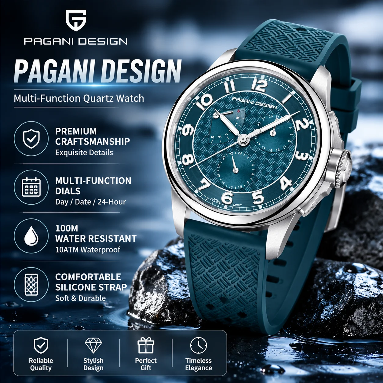 PAGANI DESIGN PD1780 Multifunctional Men's Watch Quartz Watch Calendar Week Waterproof Luminous Fine Steel Tape Watch