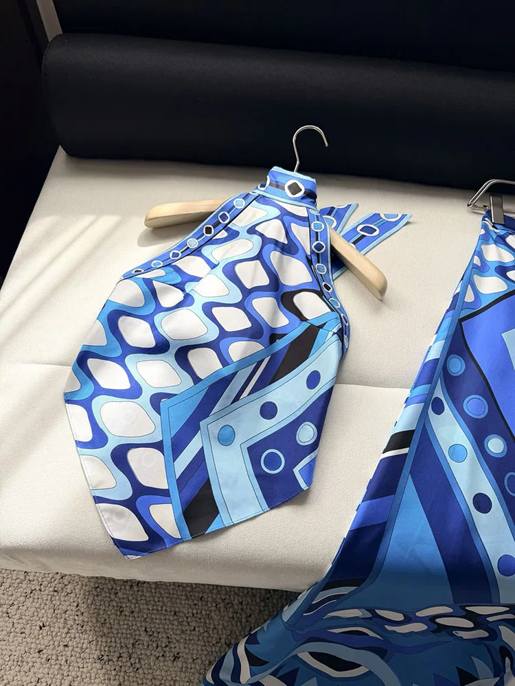 Women’s Sexy Summer Silk Printed Backless Tops Runway High-Quality