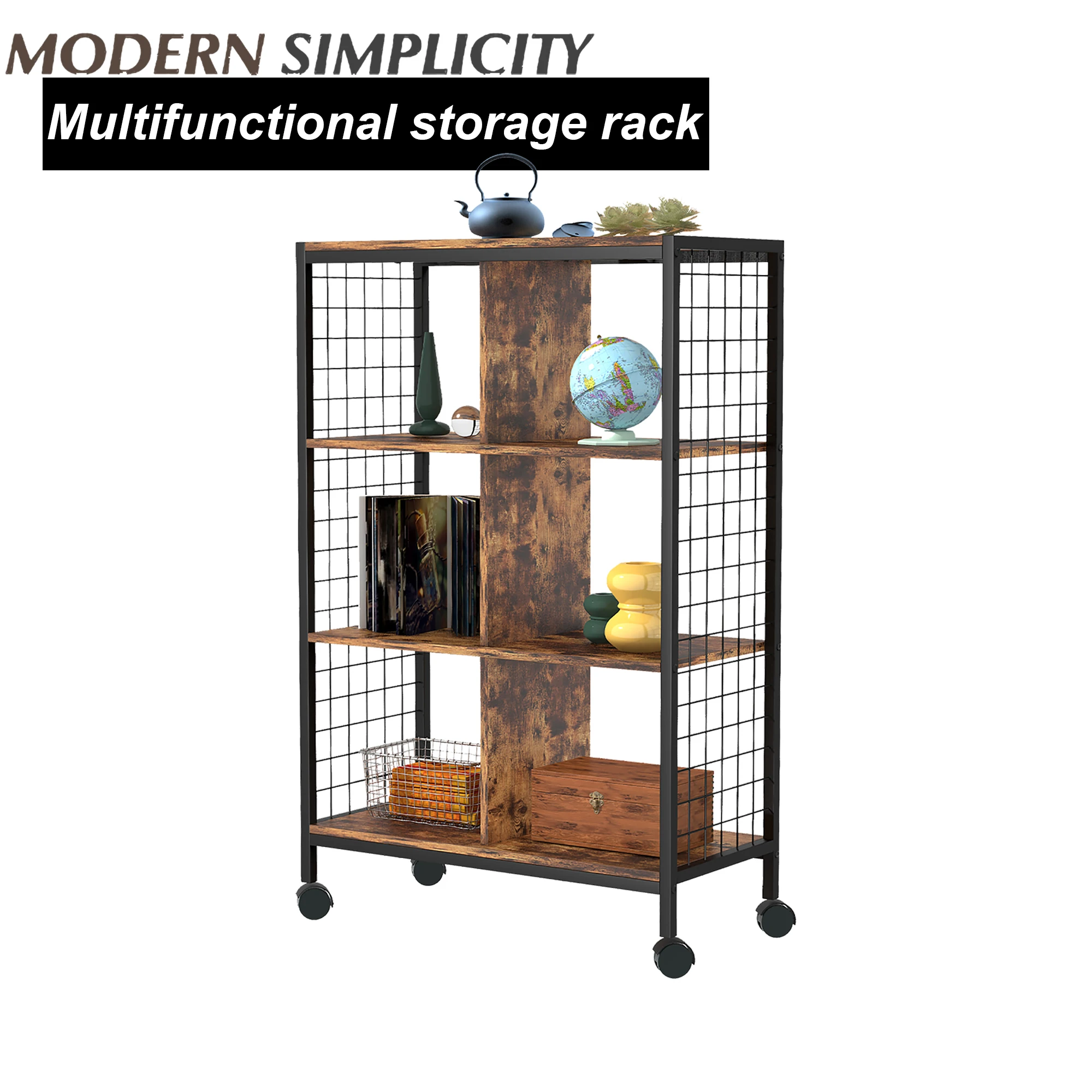 

[Flash Sale]2 Styles Nordic Living Room Bedroom Storage Rack Wood Metal Movable Bookshelf Srorage Shelf With Wheels Brown[US-W]