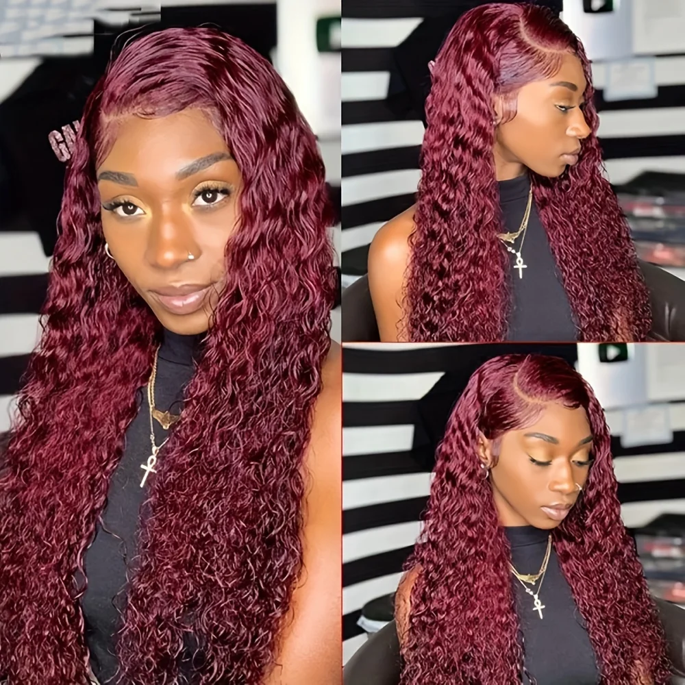 Burgundy 13x6 hd lace frontal human hair curly wig 99J Deep Wave For Women 13x4  30 40 Inch Brazilian Remy Choice Wavy Cheap Wig