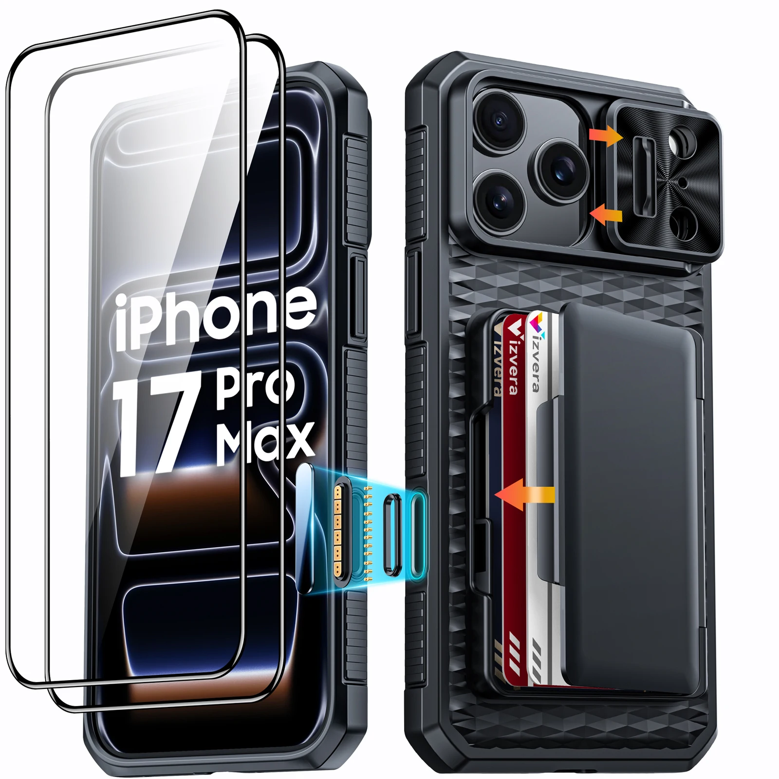 For iPhone 17 Pro Max With Card Holder Sliding Camera Cover And Stand Phone Case, Anti-Fall PC+TPU Wallet Case-Orange