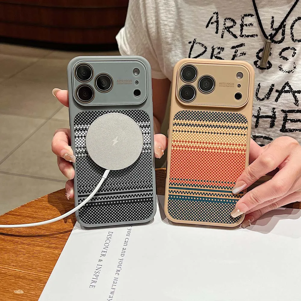 K6 Luxury Carbon Fiber Pattern With Lens Protection Phone Case For iPhone 17 16 15 14 13 Pro Max Magnetic Wireless Charge Capa view 5