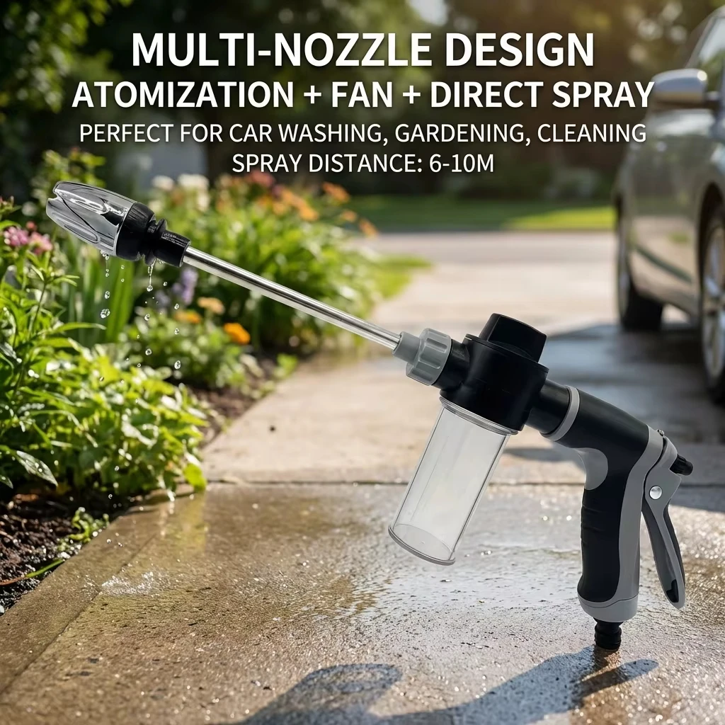 High‑Pressure Car Washing Water Gun with Long Handle Foam Kettle, Metal Joint Car Wash Sprayer Nozzle for RV External Cleaning Garden Water Hose Shower Watering