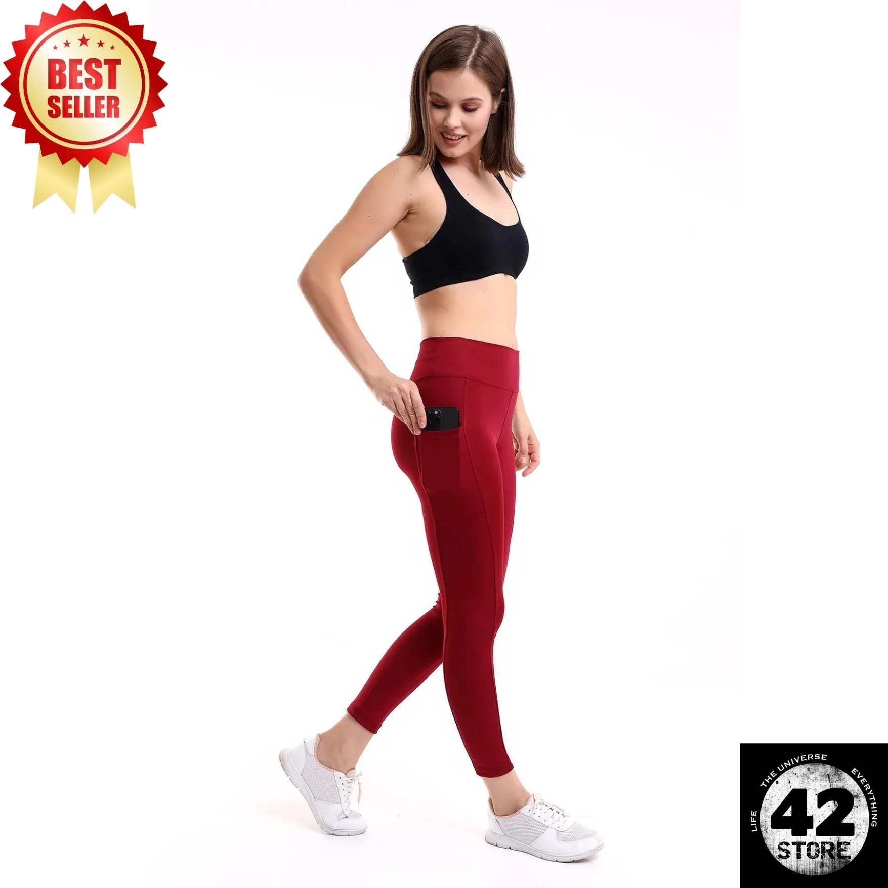 Red Women's Sports Tights Double Pocket Firming Tights