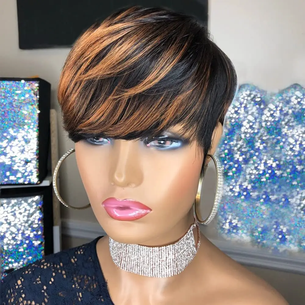 

VIP Short Pixie Cut Wig Cheap Human Hair Wigs Straight Bob Wigs With Bangs Full Machine Human Hair for Black Women Black & Ombre