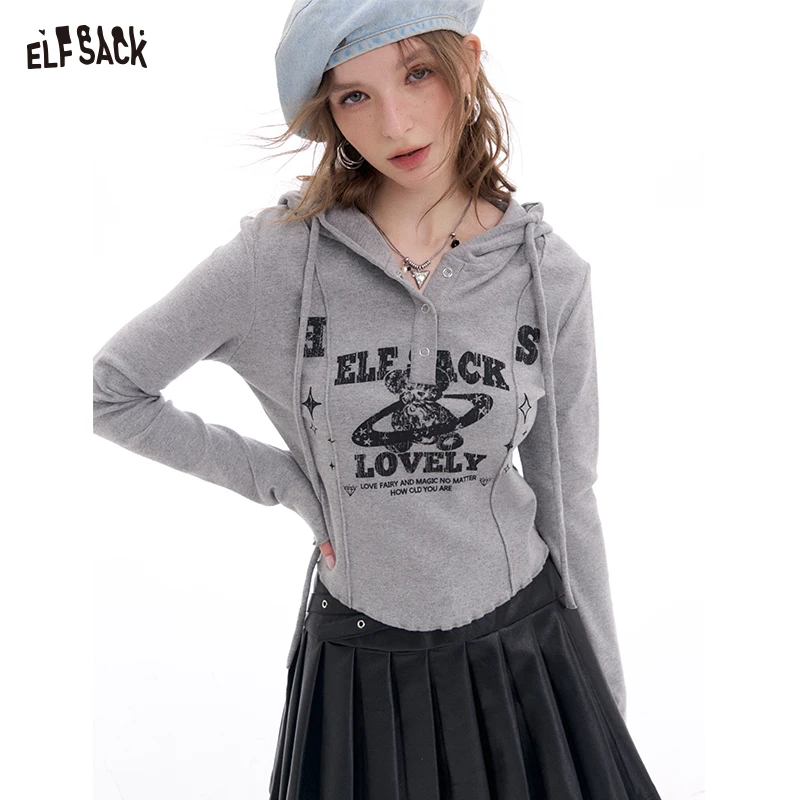 

ELFSACK 2025 Spring New Arrivals Y2K Hooded Printed Long Sleeve Short T-shirt Women Cute Bear Printed Top