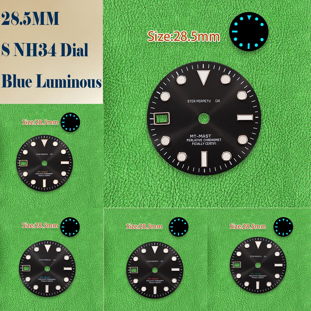 S-Zifferblatt, 28,5 mm, NH34, linkshändiger Kalender, GMT-Sonnenzifferblatt, eisblau, leuchtend, geeignet für NH34-Uhrwerk, Uhrenmodifikationszubehör