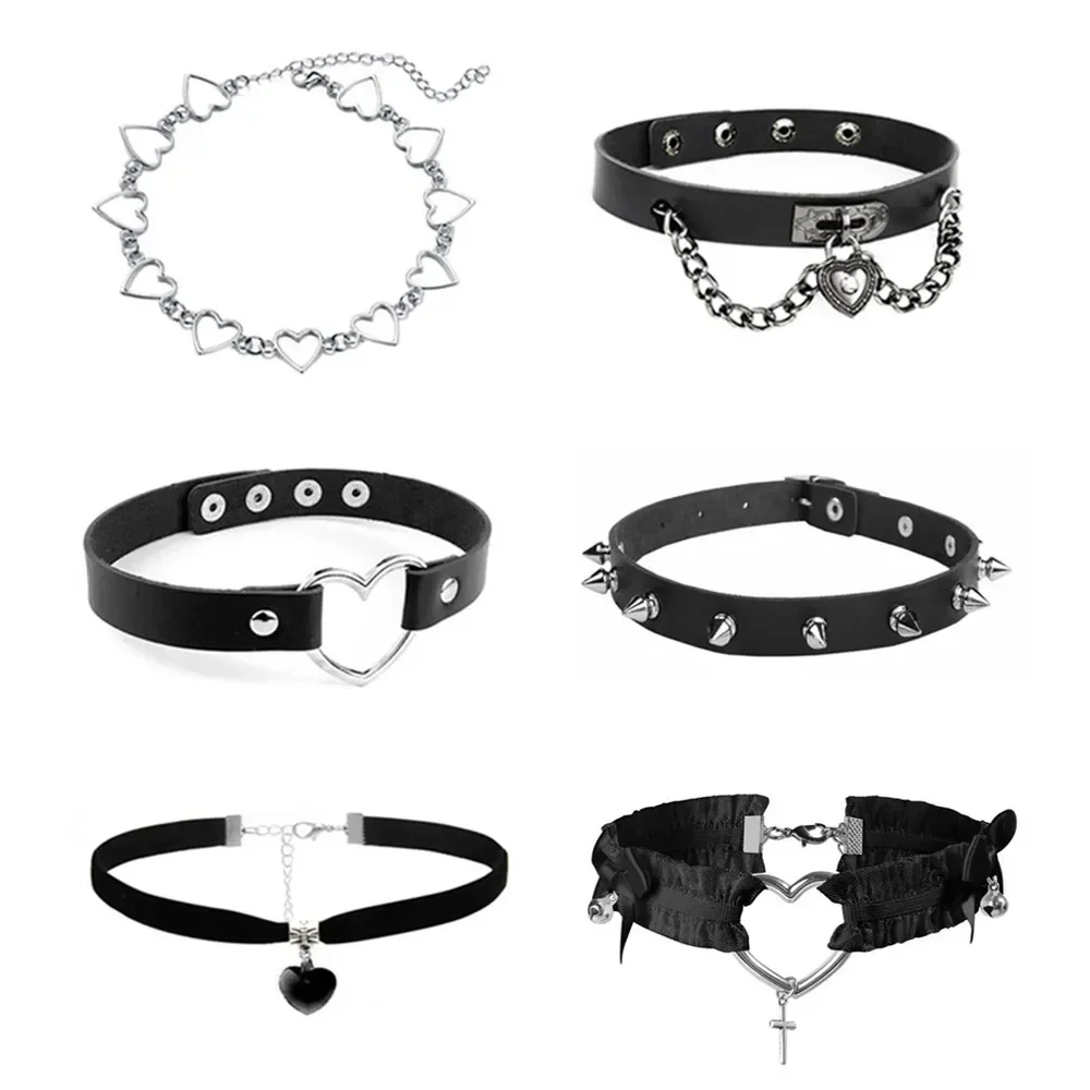 Colar de couro gótico redondo para as mulheres, "sexy", jóias, coração, punk, harajuku, presente