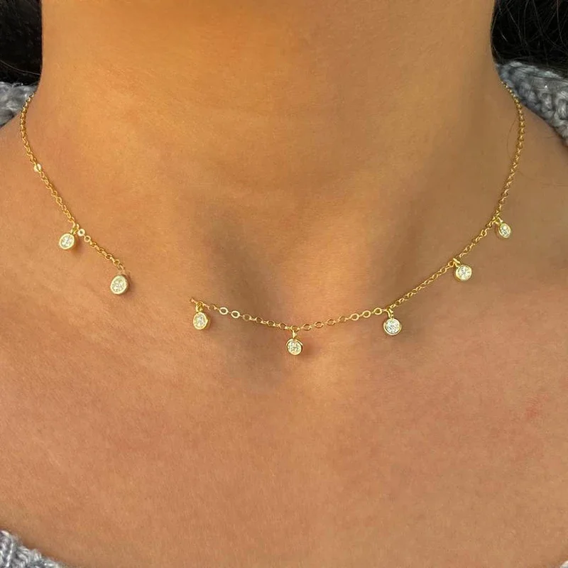 925 Sterling Silver Clear CZ Station Multi Charm Choker Fashion Delicate Dainty Disco Dots Drip Drop Naszyjnik dla kobiet — zdjęcie 2