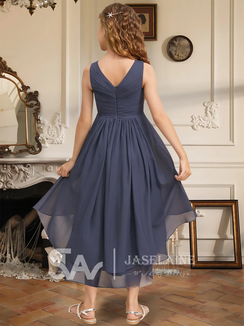 Elegantes A-Linie U-Ausschnitt, asymmetrisches Chiffon-Kleid für junge Brautjungfern, Blumenmädchenkleid für Mädchen, Party, Hochzeit, formell, besondere Anlässe