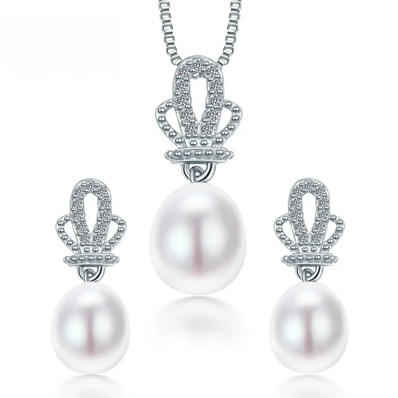 Dainashi 8-9mm korona wisior z naturalną perłą kolczyki 925 Sterling zestawy srebrna biżuteria biały różowy fioletowy kropla wody perła — zdjęcie 2