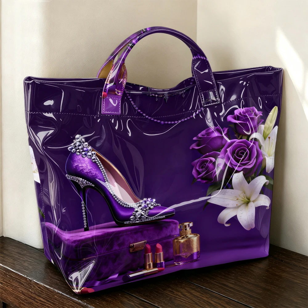 1pc retro purple high-heeled shoes floral print tote bag, exquisite and elegant pattern handbag, artistic handbag with atmosphere, practical and versatile storage tote bag for large-capacity shopping and commuting.