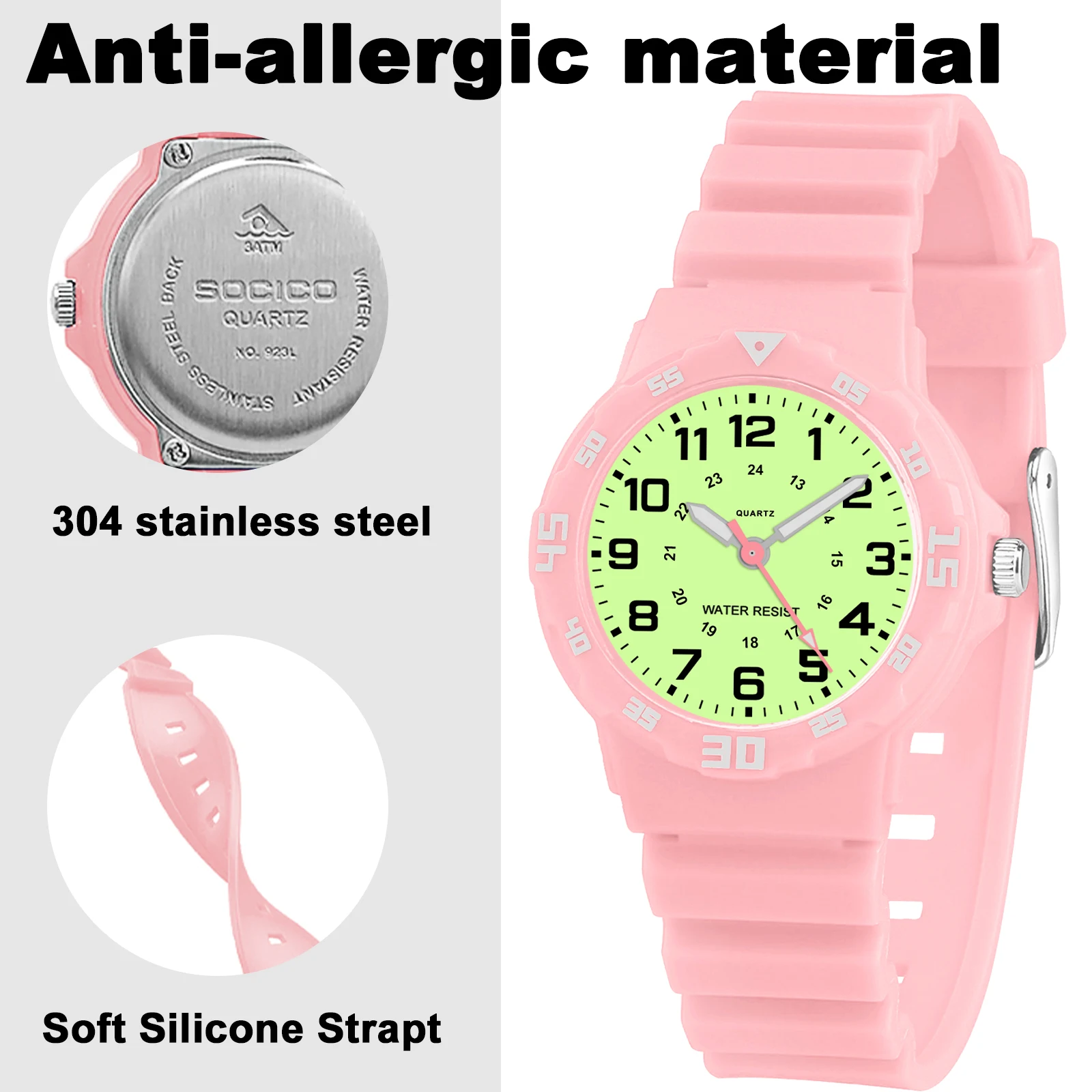 ساعة تناظرية للأطفال SOCICO 923 باللون الوردي الفلورسنت المتوهج للأطفال - حزام ناعم مقاوم للماء وسهل القراءة #3