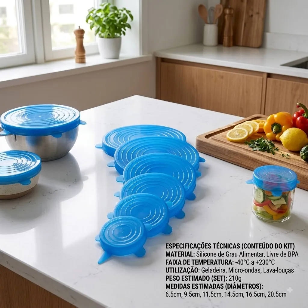 Kit 6 Tampas de Silicone Reutilizáveis para Potes Recipientes Tigelas Cozinha Alimentos Tampa Ecológica Vedação Universal