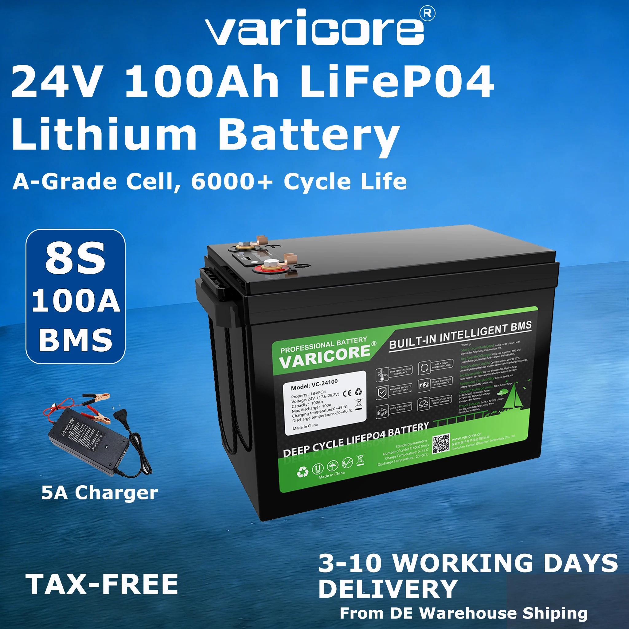 Batterie LiFePo4 Varicore 24V 100AH 6000+ cycles profonds avec protection BMS, cellules de qualité A, stock UE, sans taxes pour camping-car et solaire