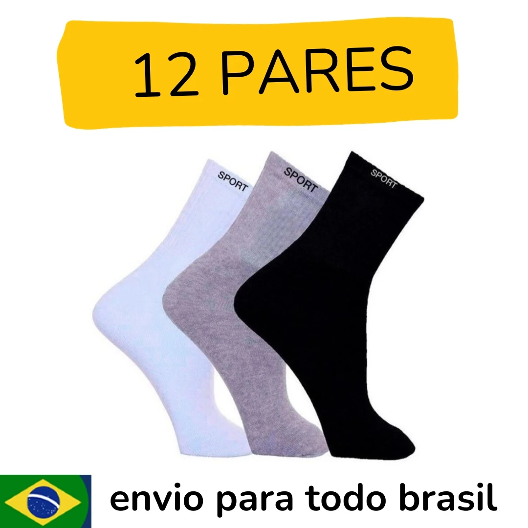 12 Pares Meias Masculina Cano Alto Algodão Oferta