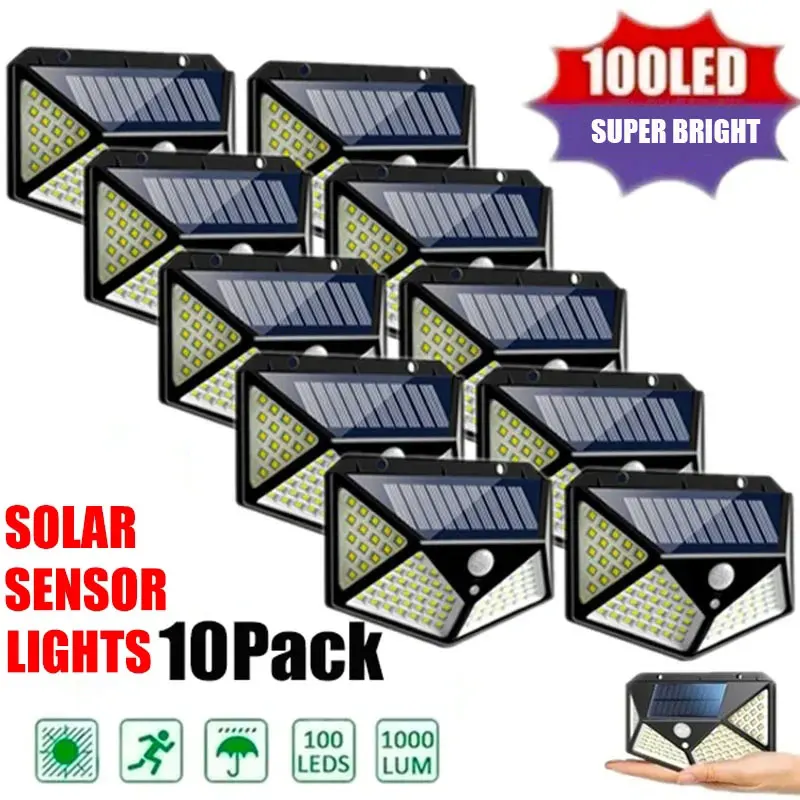 1-10PCS 100 LED Solar Wall Lights Outdoor Solar Lamp Waterproof Motion Sensor Solar Powered Sunlight Street Light for Garden