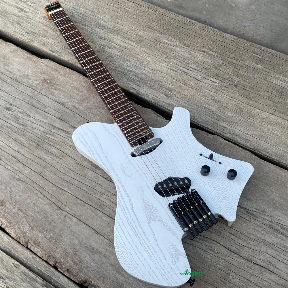 In Stock Acepro Upgraded White Headless Electric Guitar 2 Single Pickups Rosewood Fretboard Roasted Maple, Stainless Steel Frets