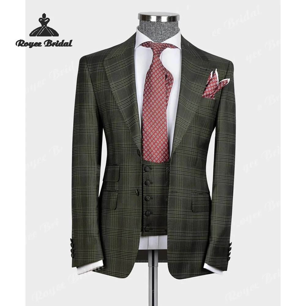 Plaid Checked Three Piece Single Breasted Men's Suit Wedding 2026 Peak Lapel Evening Prom Suit Customized trajes para hombre