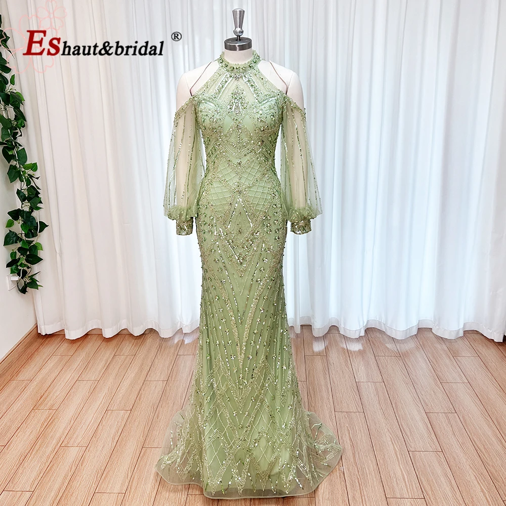 Vestido de noche árabe de sirena elegante para mujer, vestidos formales de fiesta de boda con cuello alto y mangas largas, personalizados, 2024